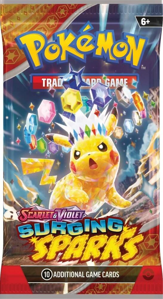 Pokémon Surging Sparks Booster Pack, Sealed, English — front of booster-pack packaging