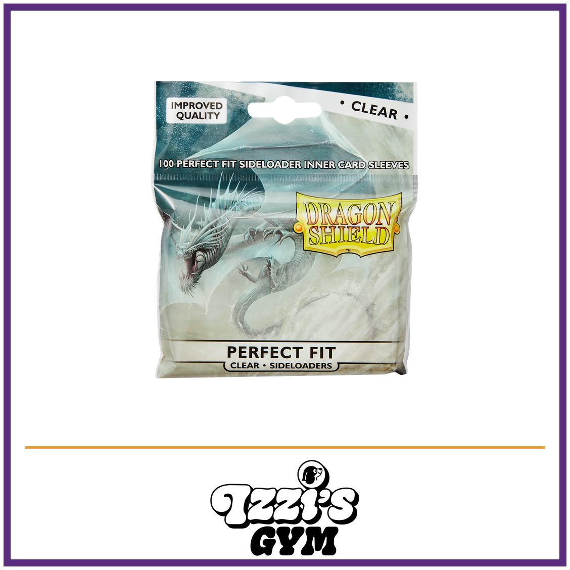 Dragon Shield Clear - Sideloading Perfect Fit Sleeves - 100 Count — New product photo with the approved Izzi’s Gym logo