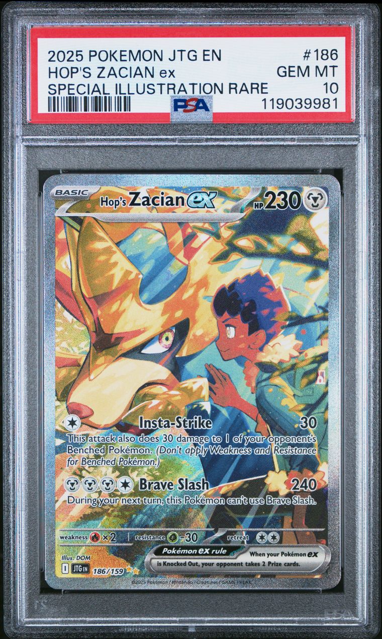 Pokémon Hop's Zacian EX #186 Journey Together Special Illustration Rare 2025 English PSA 10 Graded Trading Card — slab front and PSA certification label, cert 119039981