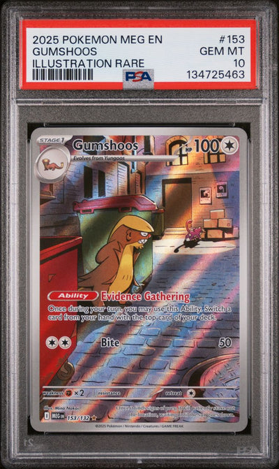 Pokémon Gumshoos #153 Mega Evolution Illustration Rare 2025 English PSA 10 Graded Trading Card — slab front and PSA certification label, cert 134725463