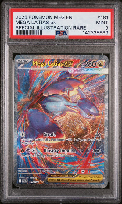 Pokémon Mega Latias EX #181 Mega Evolution Special Illustration Rare 2025 English PSA 9 Graded Trading Card — slab front and PSA certification label, cert 142325889
