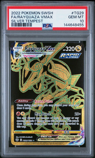 Pokémon Rayquaza VMAX #TG29 Sword & Shield Silver Tempest Full Art 2022 English PSA 10 Graded Trading Card — slab front and PSA certification label, cert 144648455