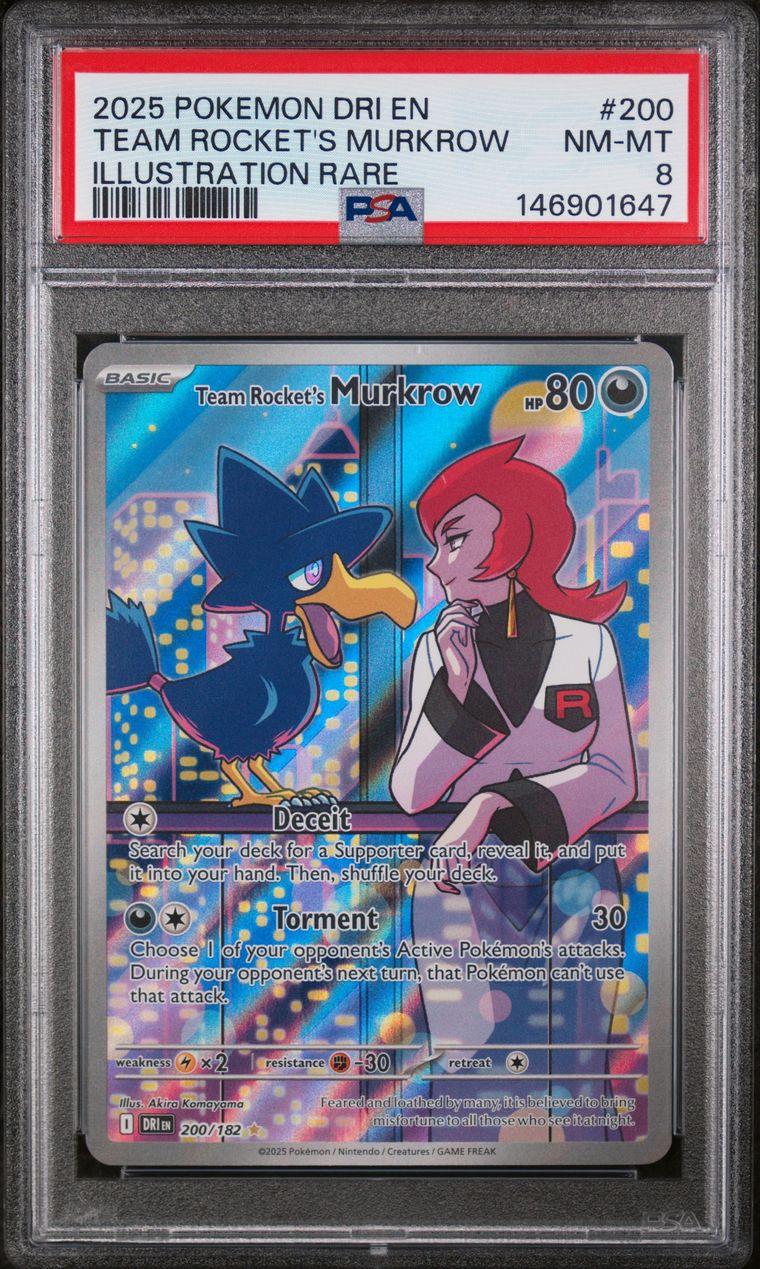 Pokémon Team Rocket's Murkrow #200 Destined Rivals Illustration Rare 2025 English PSA 8 Graded Trading Card — slab front and PSA certification label, cert 146901647