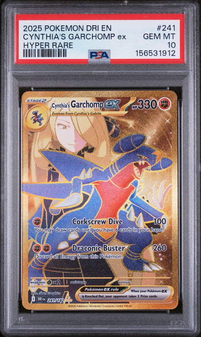Pokémon Cynthia's Garchomp EX #241 Destined Rivals Hyper Rare 2025 English PSA 10 Graded Trading Card — slab front and PSA certification label, cert 156531912