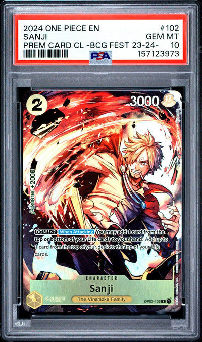 One Piece Sanji #102 Premium Card Collection -Bandai Card Games Fest 23-24 Edition- 2024 English PSA 10, front of PSA slab with certification label, cert 157123973