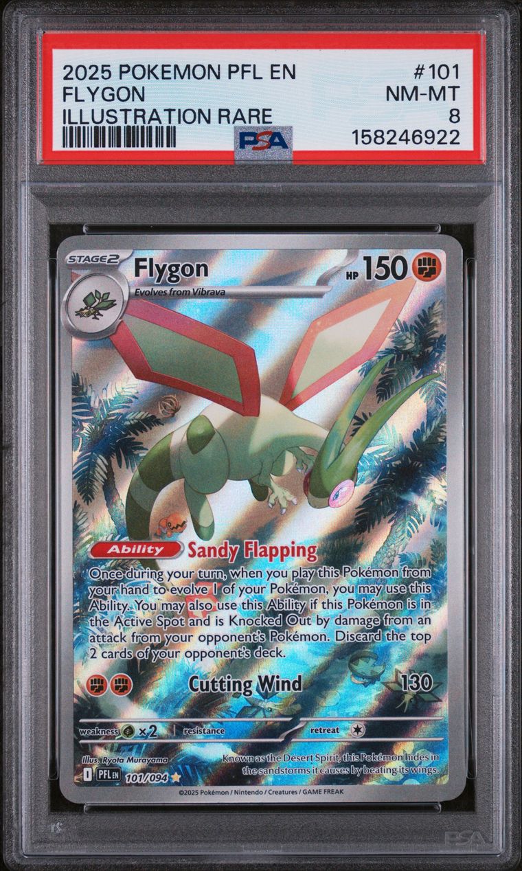 Pokémon Flygon #101 Phantasmal Flames Illustration Rare 2025 English PSA 8 Graded Trading Card — slab front and PSA certification label, cert 158246922