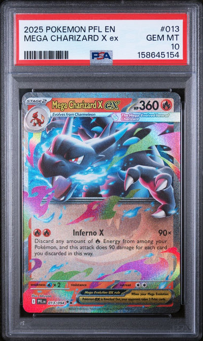 Pokémon Mega Charizard X EX #013 Phantasmal Flames 2025 English PSA 10 Graded Trading Card — slab front and PSA certification label, cert 158645154