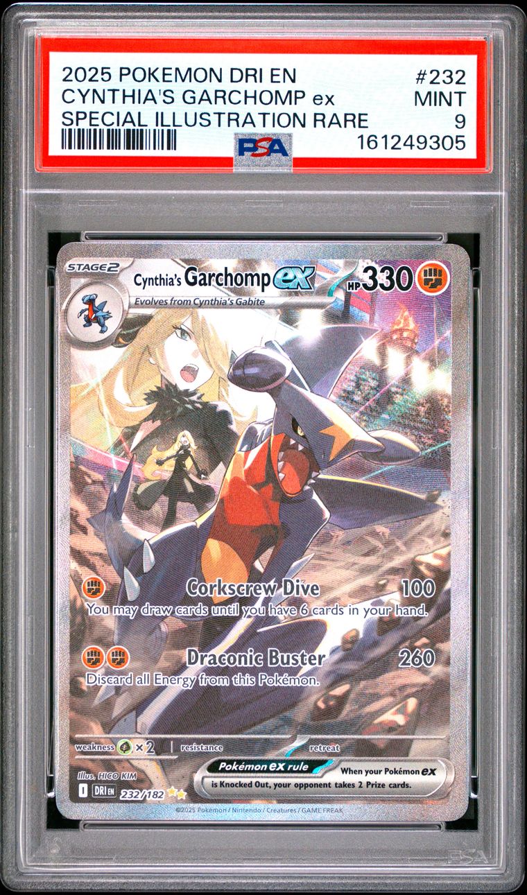 Pokémon Cynthia's Garchomp EX #232 Destined Rivals Special Illustration Rare 2025 English PSA 9 Graded Trading Card — slab front and PSA certification label, cert 161249305