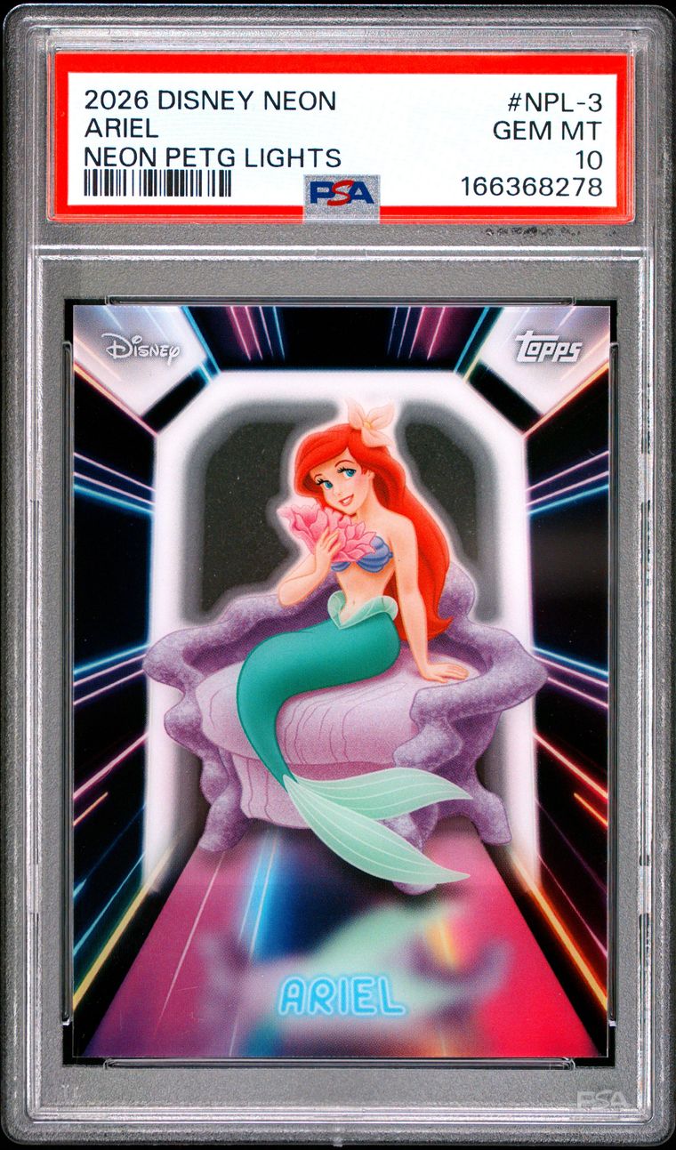 Topps Disney Ariel #NPL-3 Neon Illuminated Neon Lights 2026 English PSA 10 Graded Trading Card — slab front and PSA certification label, cert 166368278
