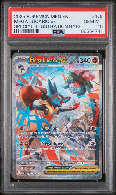 Pokémon Mega Lucario EX #179 Mega Evolution Special Illustration Rare 2025 English PSA 10 Graded Trading Card — slab front and PSA certification label, cert 166554741