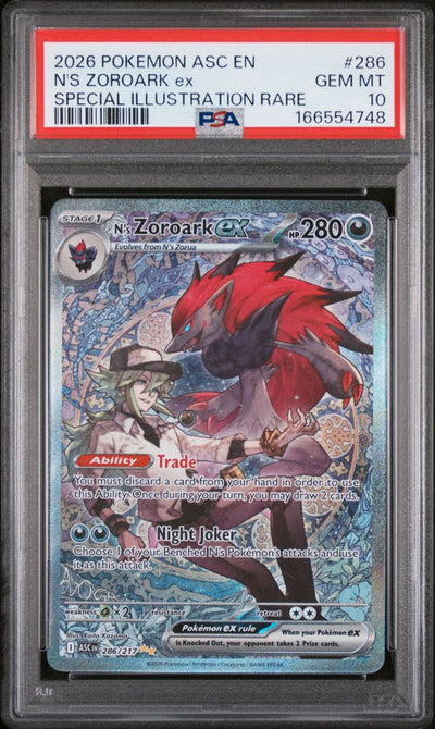 Pokémon N's Zoroark EX #286 Ascended Heroes Special Illustration Rare 2026 English PSA 10 Graded Trading Card — slab front and PSA certification label, cert 166554748