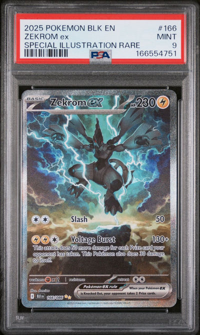 Pokémon Zekrom EX #166 Black Bolt Special Illustration Rare 2025 English PSA 9 Graded Trading Card — slab front and PSA certification label, cert 166554751