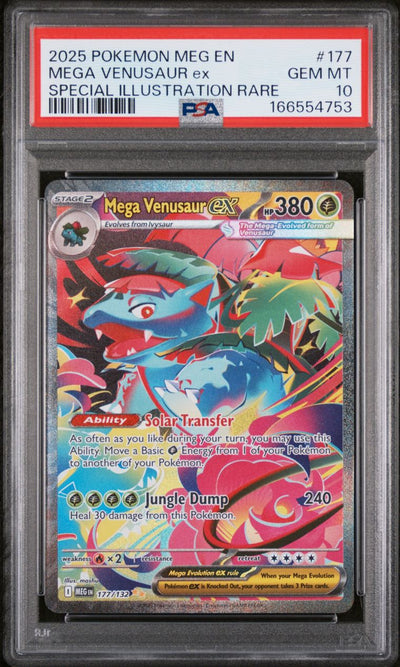 Pokémon Mega Venusaur EX #177 Mega Evolution Special Illustration Rare 2025 English PSA 10 Graded Trading Card Cert 166554753 — slab front and PSA certification label, cert 166554753