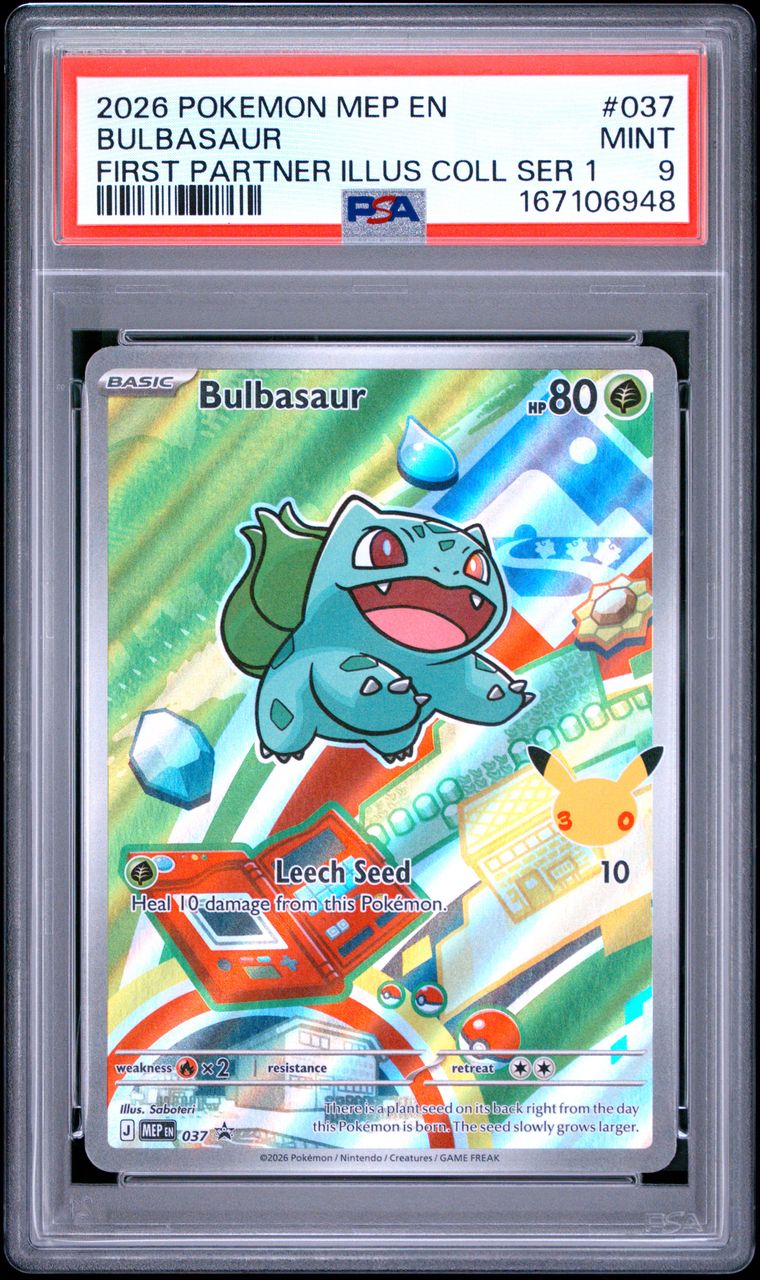 Pokémon Bulbasaur #037 Me Black Star Promo First Partner Illus Coll Ser 1 2026 English PSA 9 Graded Trading Card — slab front and PSA certification label, cert 167106948
