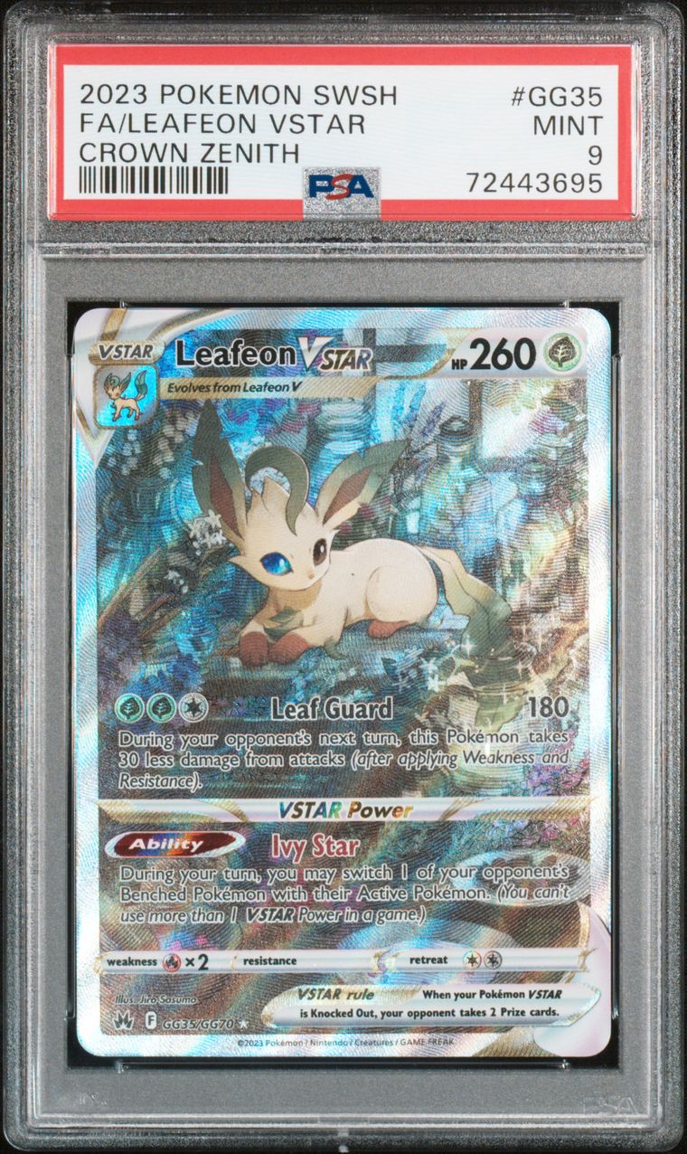 Pokémon Leafeon VSTAR #GG35 Sword and Shield Crown Zenith Full Art 2023 English PSA 9 Graded Trading Card — slab front and PSA certification label, cert 72443695
