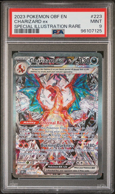 Pokémon Charizard EX #223 Obsidian Flames Special Illustration Rare 2023 English PSA 9 Graded Trading Card — slab front and PSA certification label, cert 96107125