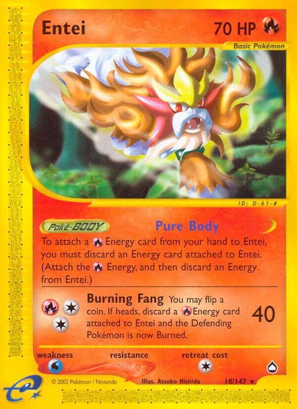 Pokémon Entei #010/147 Aquapolis Rare Reverse Holofoil Heavily Played English Trading Card — catalog front, TCGplayer SKU 2890352