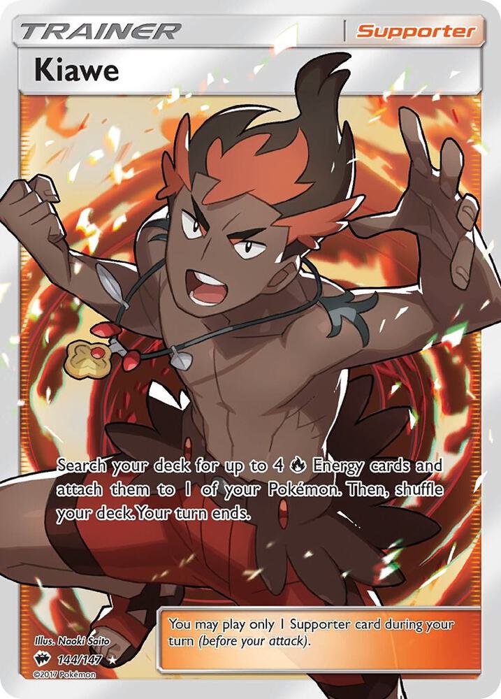 Pokémon Kiawe #144/147 SM - Burning Shadows Full Art Holofoil Near Mint English Trading Card — catalog front, TCGplayer SKU 3444094