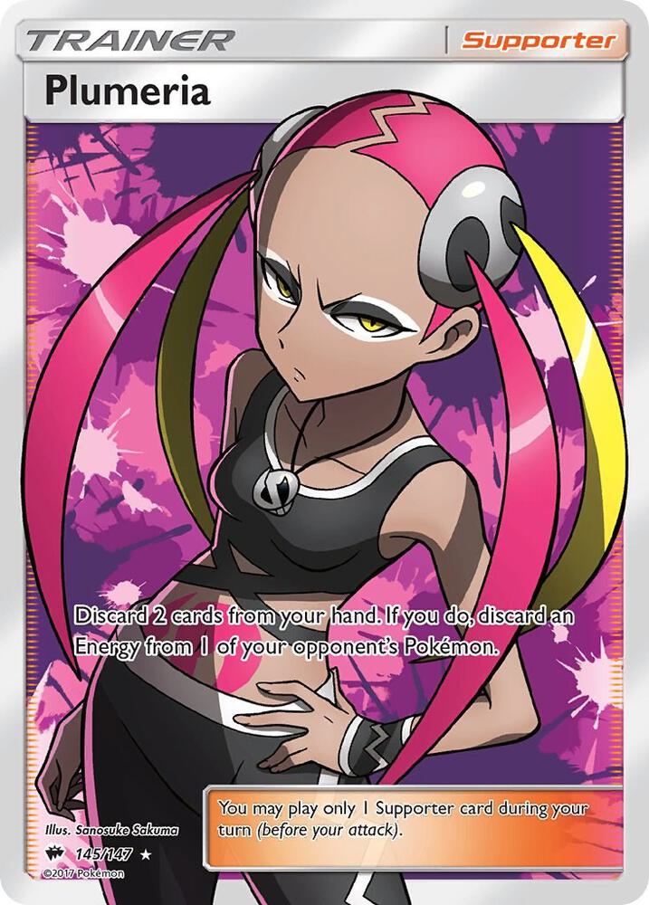 Pokémon Plumeria #145/147 SM - Burning Shadows Full Art Holofoil Near Mint English Trading Card — catalog front, TCGplayer SKU 3444124