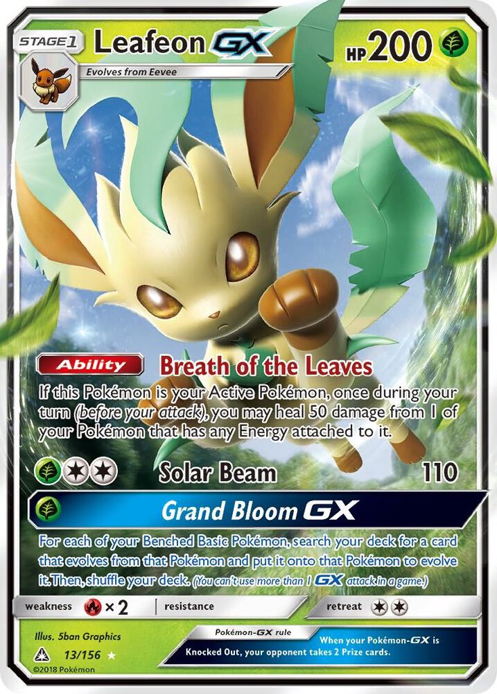 Pokémon Leafeon GX #13/156 Ultra Prism Ultra Rare Holofoil Near Mint English Trading Card — catalog front, TCGplayer SKU 3594853