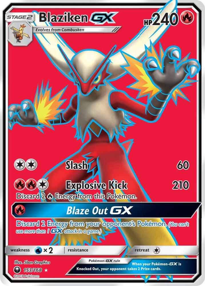 Pokémon Blaziken GX #153/168 SM - Celestial Storm Full Art Holofoil Lightly Played English Trading Card — catalog front, TCGplayer SKU 3806511