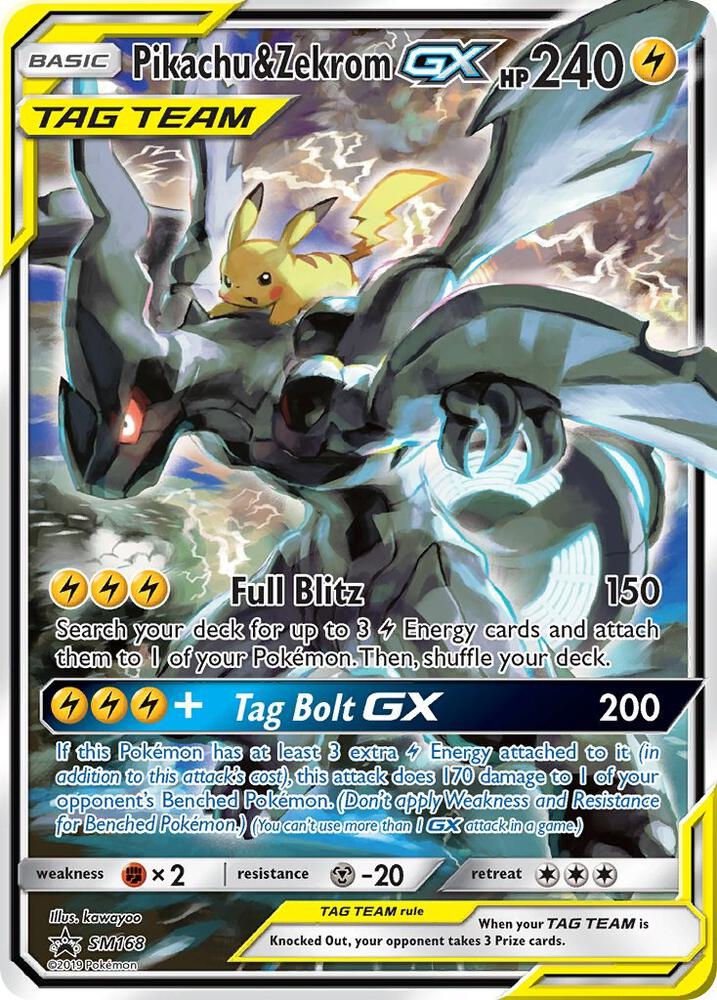 Pokémon Pikachu & Zekrom GX #SM168 SM Promos Promo Holofoil Near Mint English Trading Card — catalog front, TCGplayer SKU 3979101