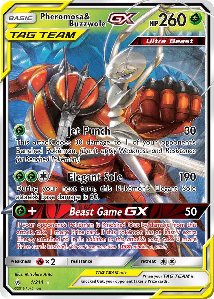 Pokémon Pheromosa & Buzzwole GX #1/214 SM - Unbroken Bonds Ultra Rare Holofoil Near Mint English Trading Card — catalog front, TCGplayer SKU 4004012