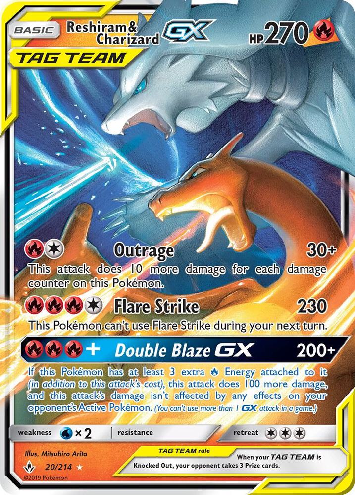 Pokémon Reshiram & Charizard GX #20/214 SM - Unbroken Bonds Ultra Rare Holofoil Near Mint English Trading Card — catalog front, TCGplayer SKU 4004057