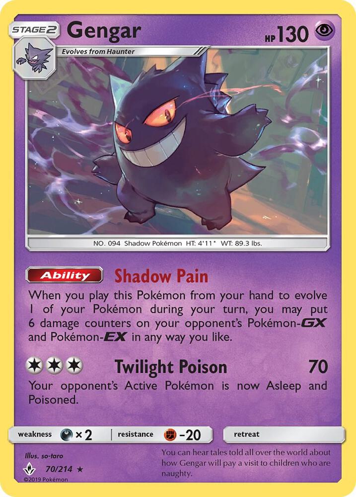 Pokémon Gengar #70/214 Unbroken Bonds Rare Reverse Holofoil Near Mint English Trading Card — catalog front, TCGplayer SKU 4008933