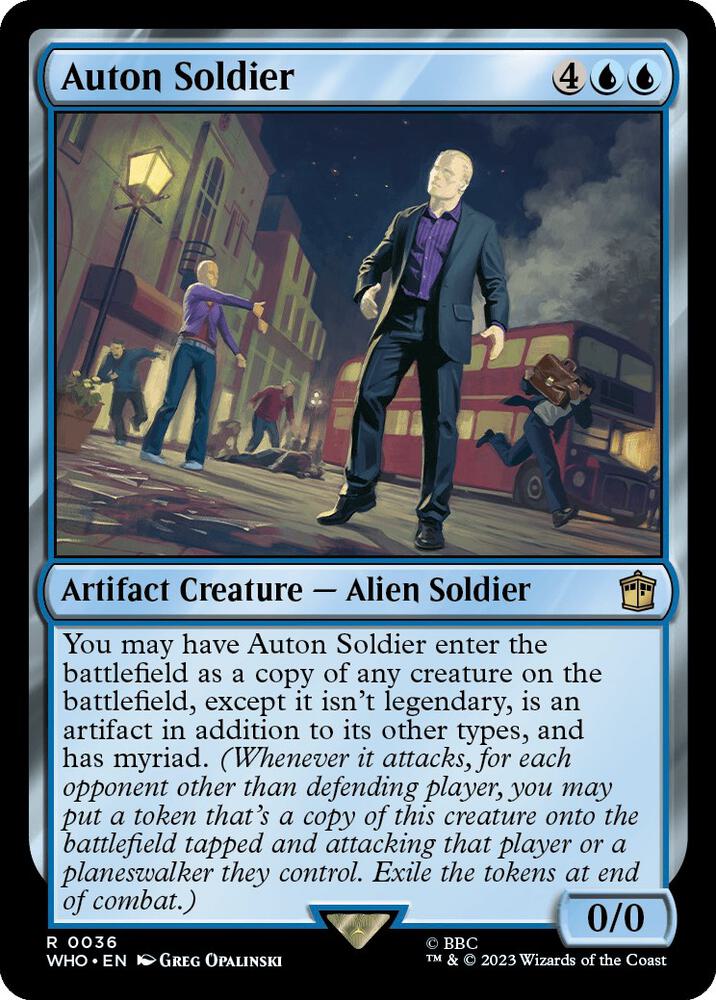 Magic Auton Soldier #36 Universes Beyond: Doctor Who Rare Foil Near Mint English Trading Card — catalog front, TCGplayer SKU 7467173