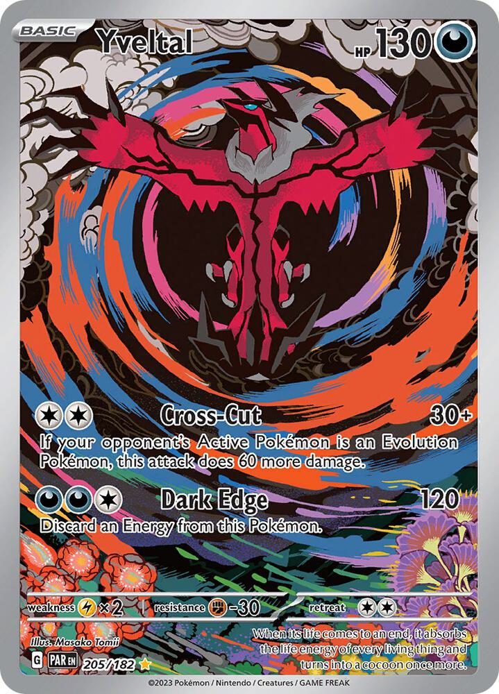 Pokémon Yveltal #205/182 Paradox Rift Illustration Rare Holofoil Near Mint English Trading Card — catalog front, TCGplayer SKU 7497143