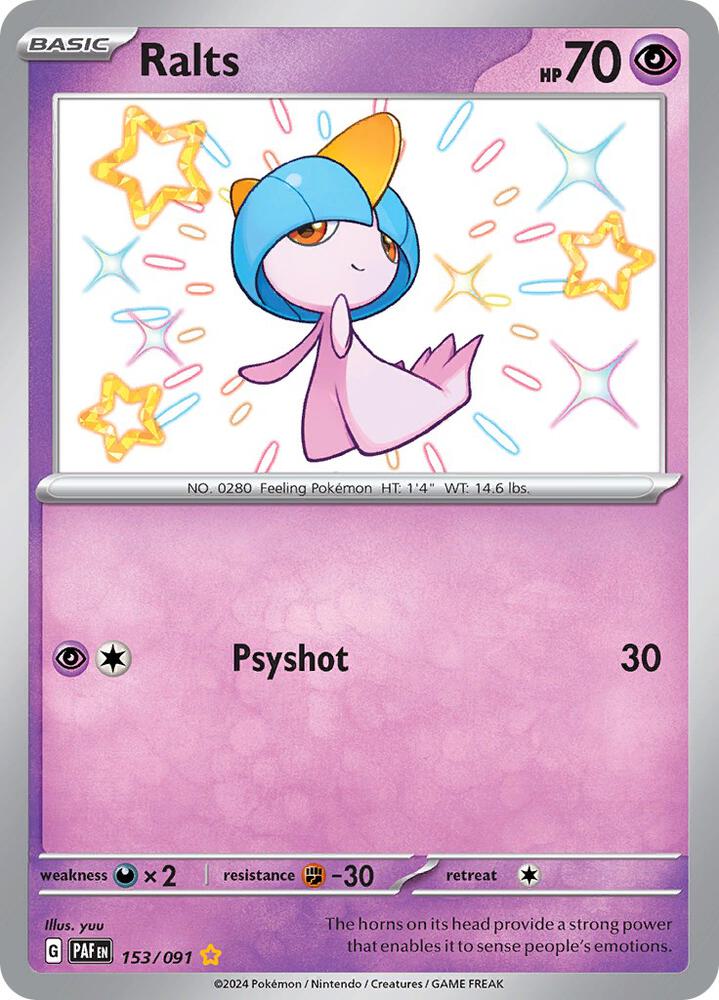 Pokémon Ralts #153/091 SV: Paldean Fates Shiny Rare Holofoil Near Mint English Trading Card — catalog front, TCGplayer SKU 7695818