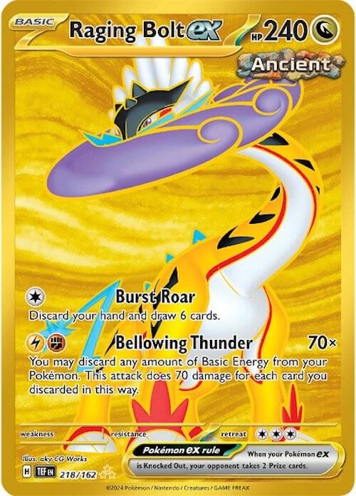 Pokémon Raging Bolt ex #218/162 SV05: Temporal Forces Hyper Rare Holofoil Near Mint English Trading Card — catalog front, TCGplayer SKU 7807638