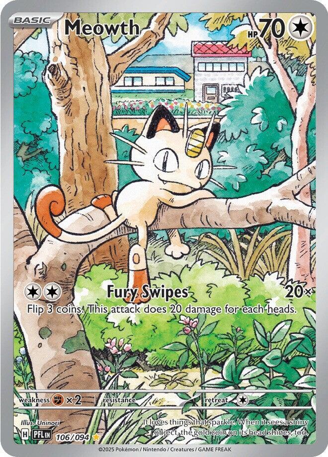 Pokémon Meowth #106/094 ME02: Phantasmal Flames Illustration Rare Holofoil Near Mint English Trading Card — catalog front, TCGplayer SKU 8996364