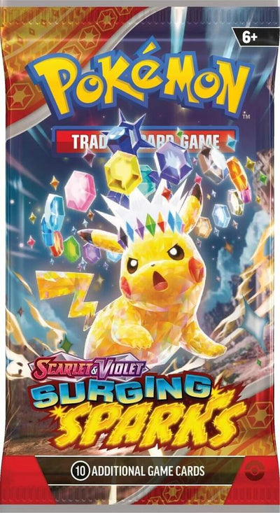 Pokémon Surging Sparks Booster Pack, Sealed, English — front of booster-pack packaging