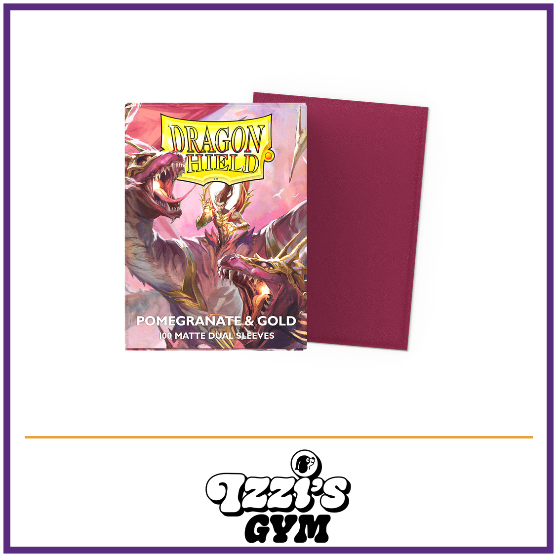 Dragon Shield Pomegranate & Gold - Matte Dual Sleeves - 100 Count — New product photo with the approved Izzi’s Gym logo