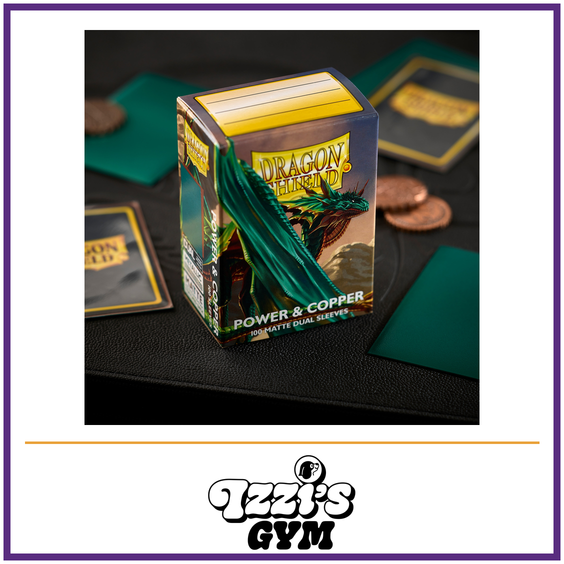 Dragon Shield Power & Copper - Matte Dual Sleeves - 100 Count — New product photo with the approved Izzi’s Gym logo