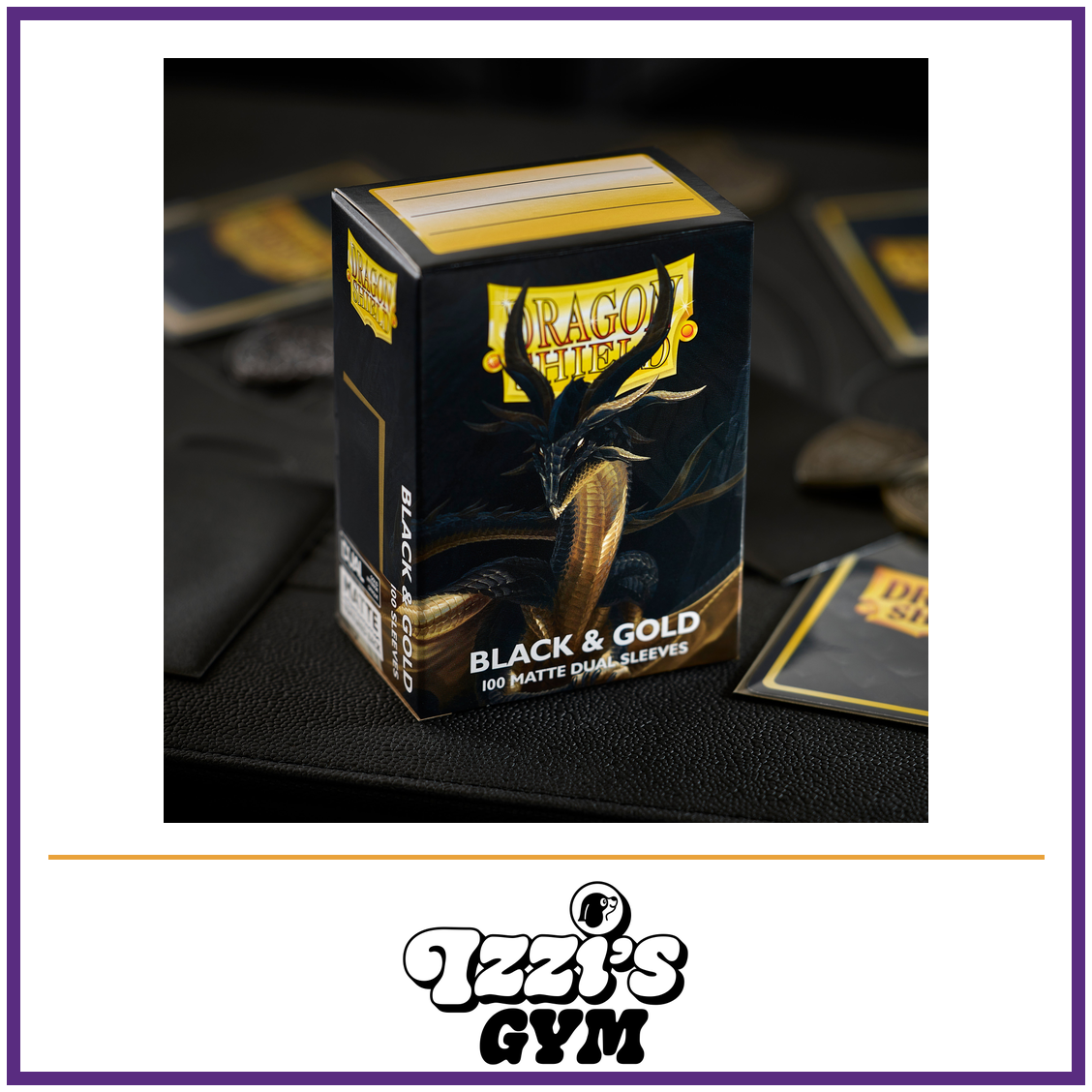 Dragon Shield Black & Gold - Matte Dual Sleeves - 100 Count — New product photo with the approved Izzi’s Gym logo