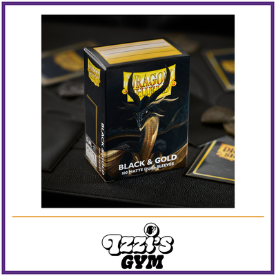 Dragon Shield Black & Gold - Matte Dual Sleeves - 100 Count — New product photo with the approved Izzi’s Gym logo