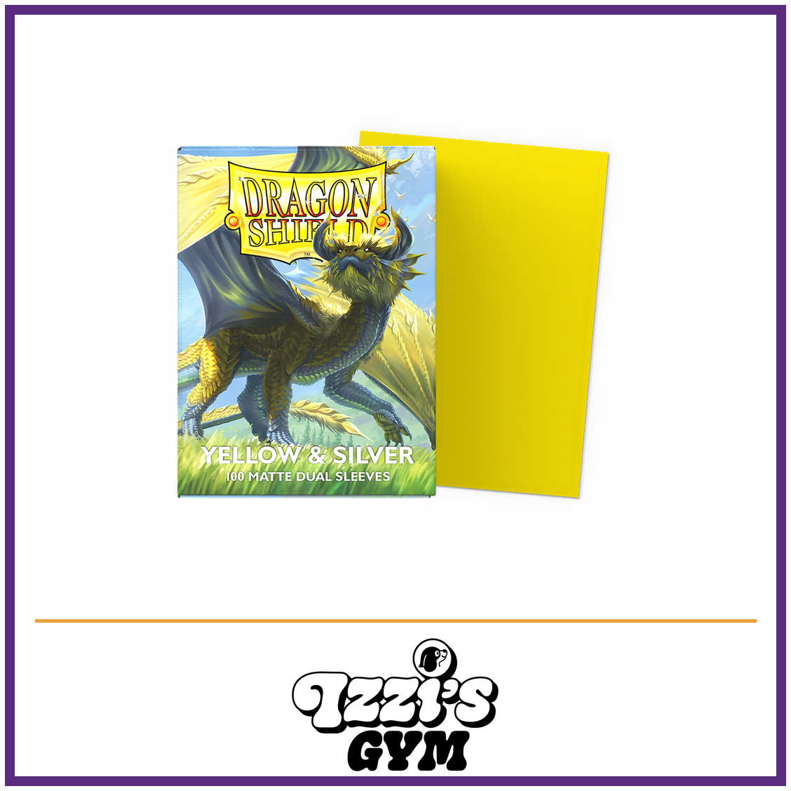 Dragon Shield Yellow & Silver - Matte Dual Sleeves - 100 Count — New product photo with the approved Izzi’s Gym logo