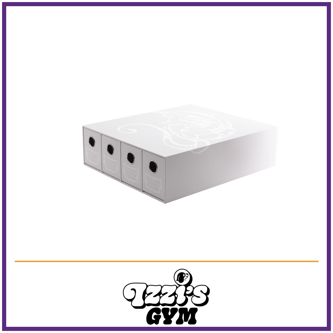 Dragon Shield Fortress - 4-Card Drawers Horizontal - White — New product photo with the approved Izzi’s Gym logo