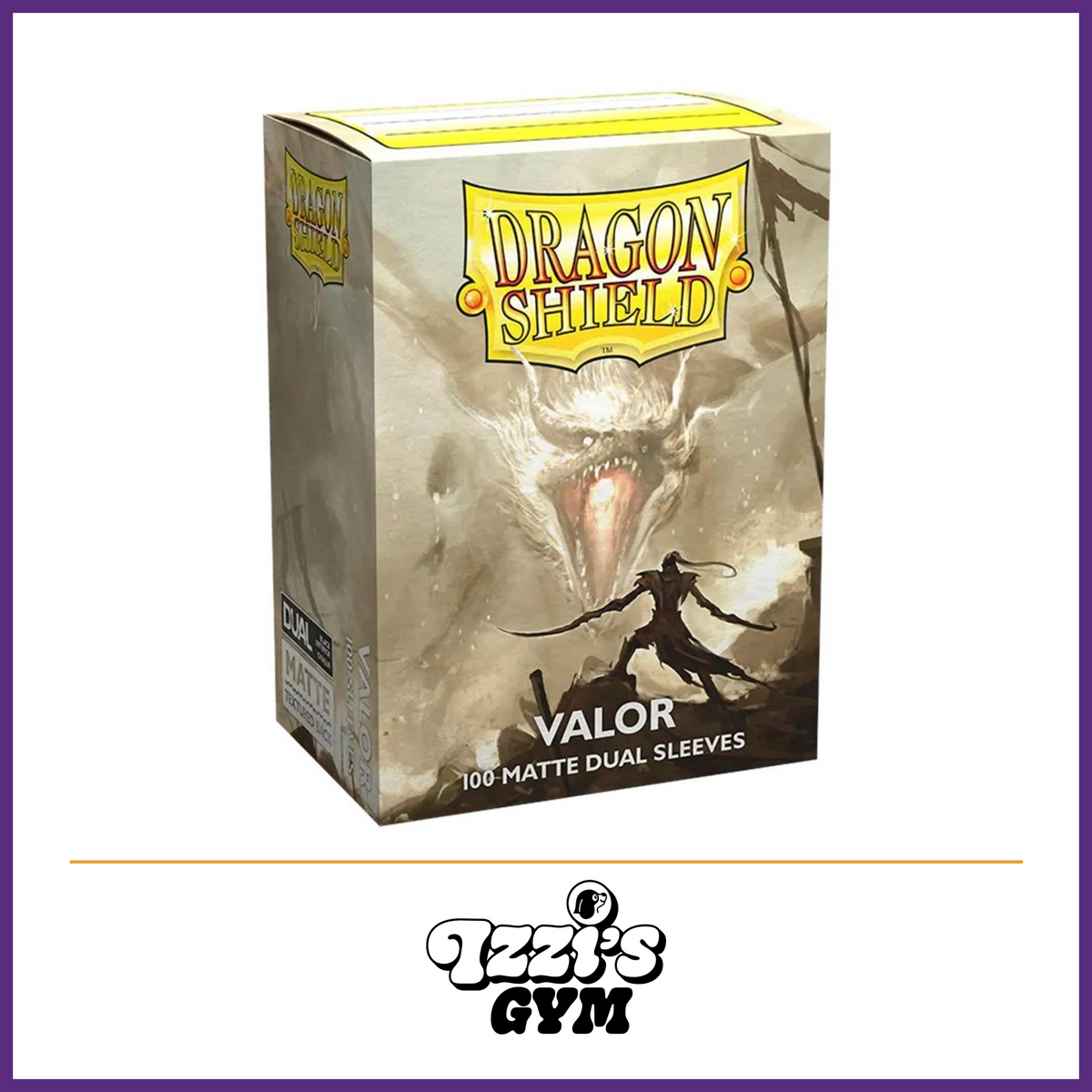 Dragon Shield Dual Matte Valor Standard Card Sleeves – 100 Count product photo with Izzi's Gym purple frame and logo