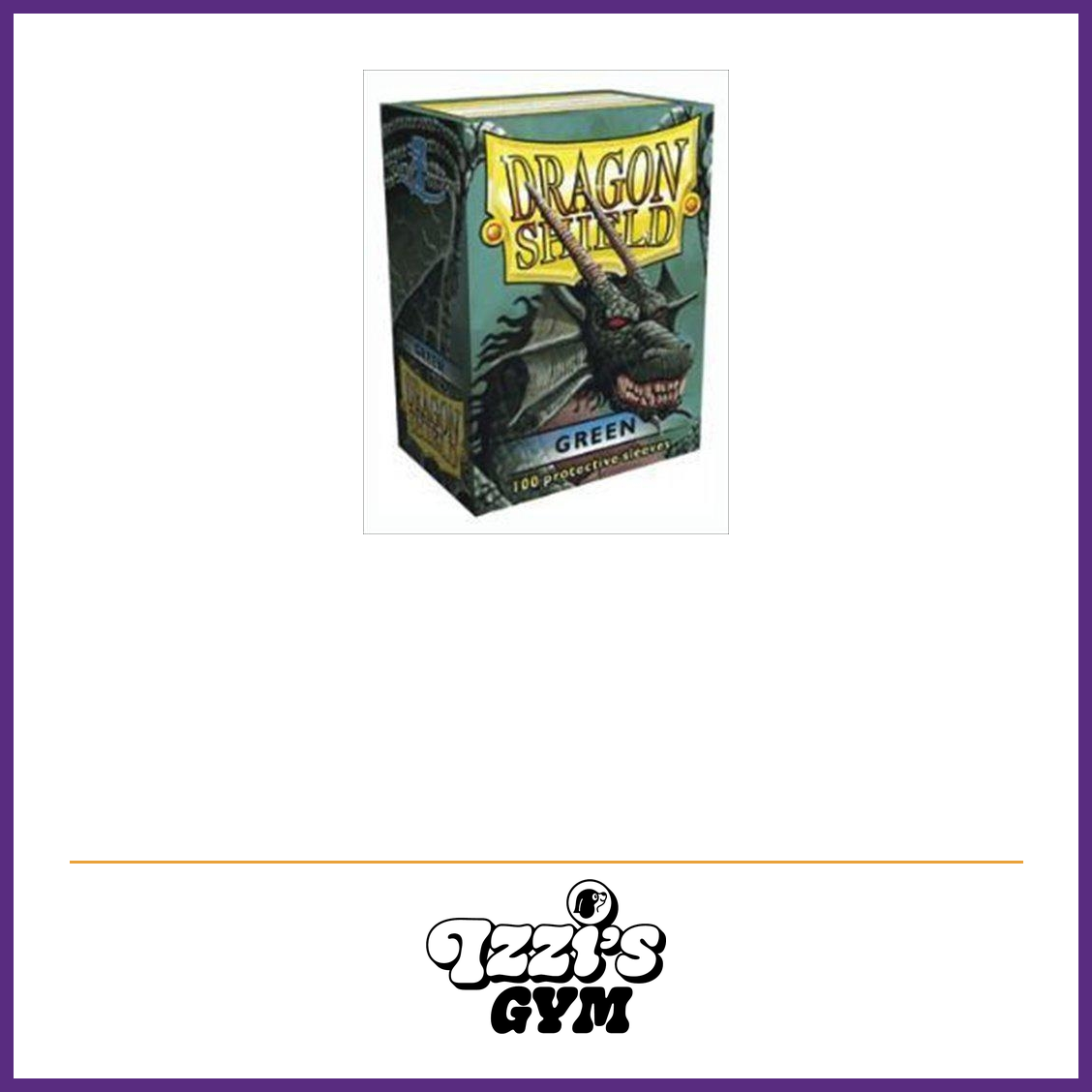 Dragon Shield Classic Green Standard Card Sleeves – 100 Count product photo with Izzi's Gym purple frame and logo