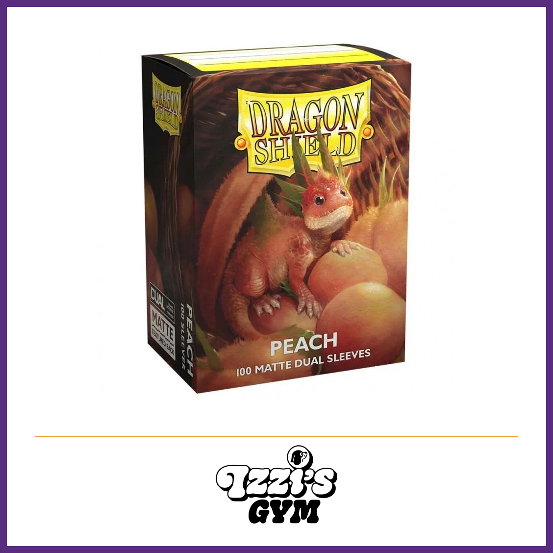 Dragon Shield Dual Matte Peach Standard Card Sleeves – 100 Count product photo with Izzi's Gym purple frame and logo