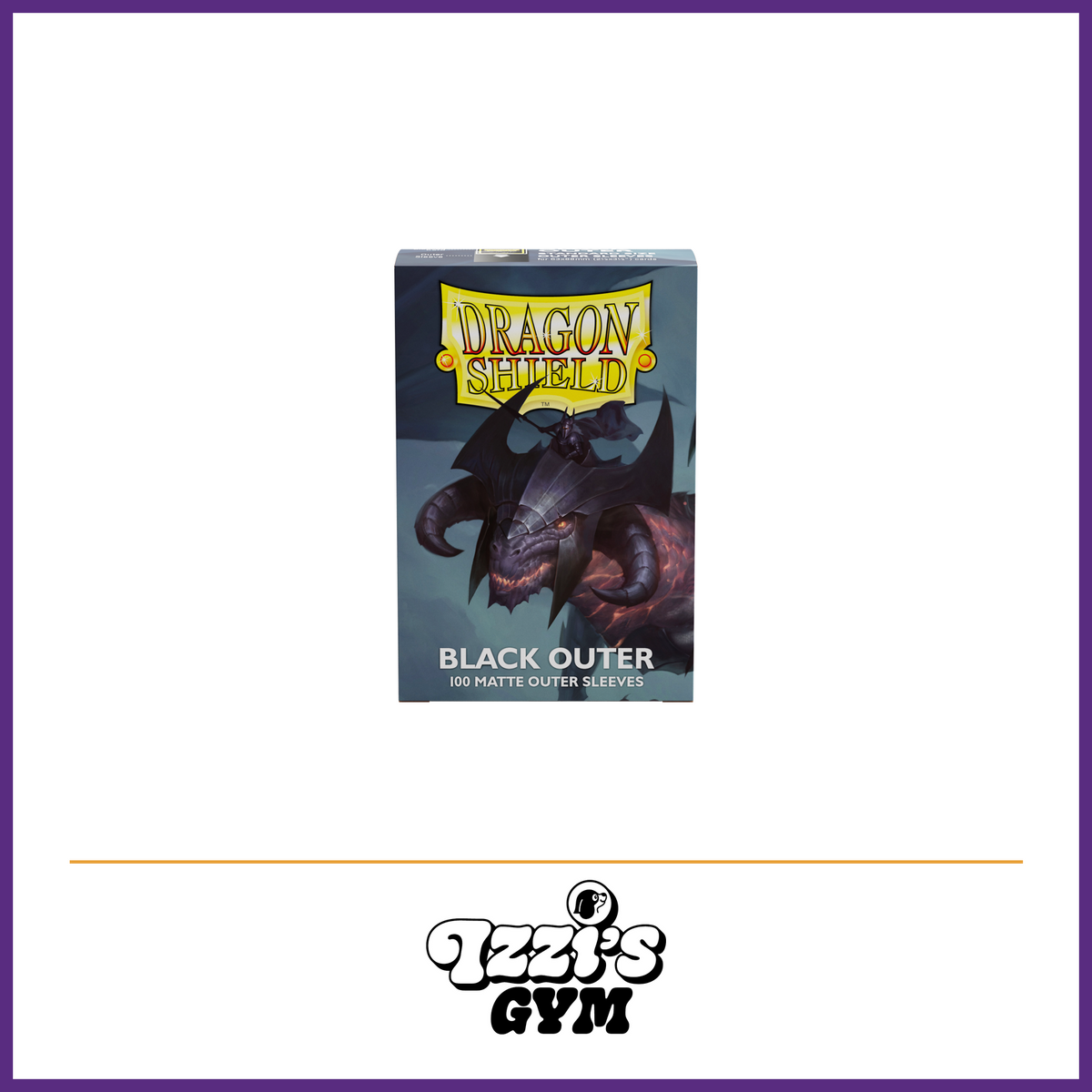 Dragon Shield Matte Black Standard Outer Sleeves – 100 Count product photo with Izzi's Gym purple frame and logo