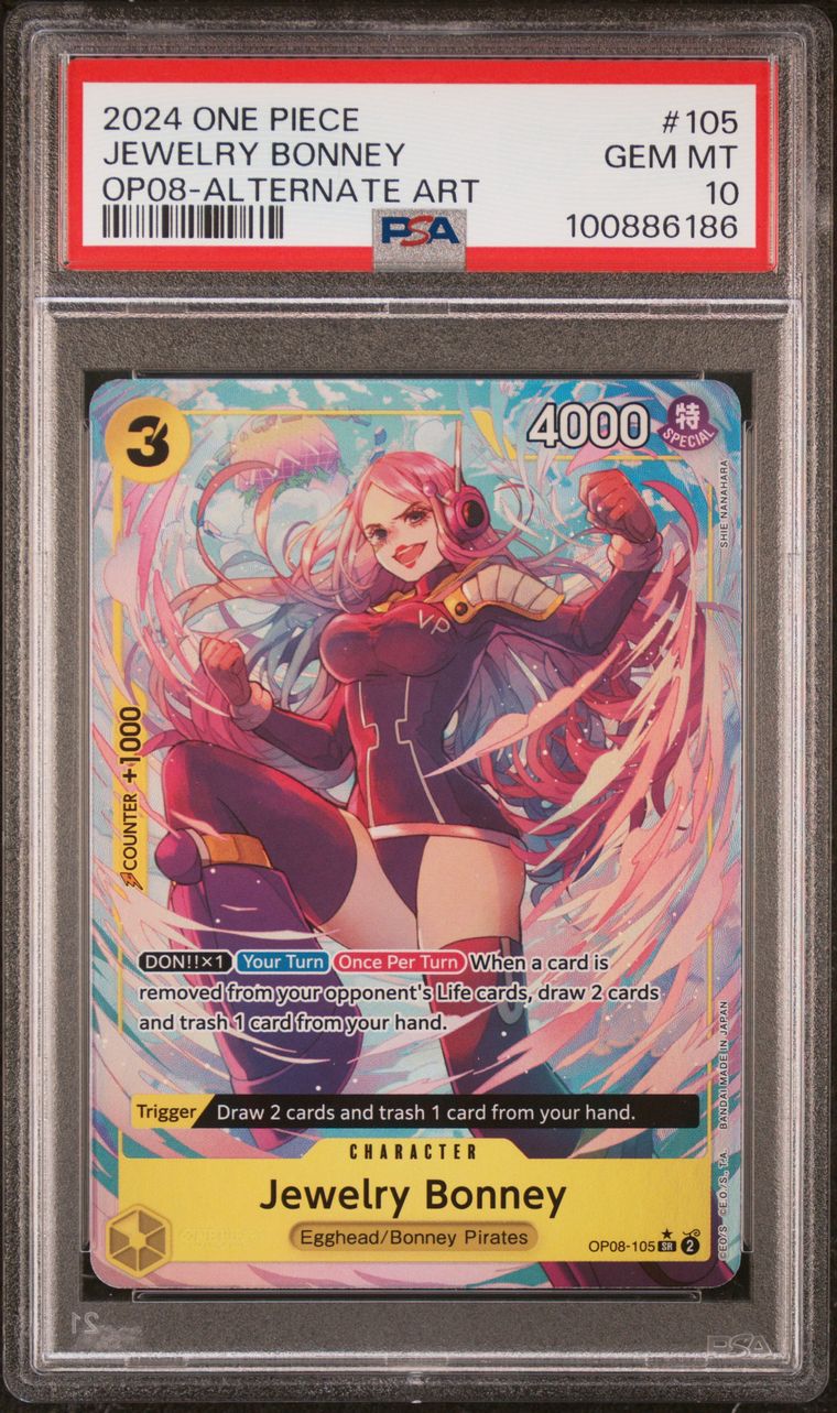 2024 One Piece Op08-Two Legends 105 Jewelry Bonney Alternate Art — PSA 10, cert 100886186