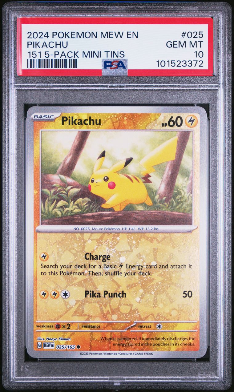2024 Pokemon Mew En-151 025 Pikachu 151 5-Pack Mini Tin — PSA 10, cert 101523372