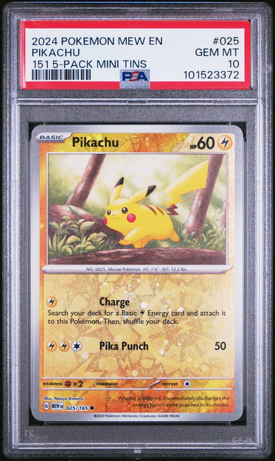 2024 Pokemon Mew En-151 025 Pikachu 151 5-Pack Mini Tin — PSA 10, cert 101523372