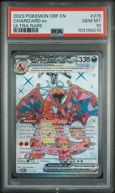 Pokémon Charizard EX #215 Obsidian Flames Ultra Rare 2023 English PSA 10 Graded Trading Card — slab front and PSA certification label, cert 103156215