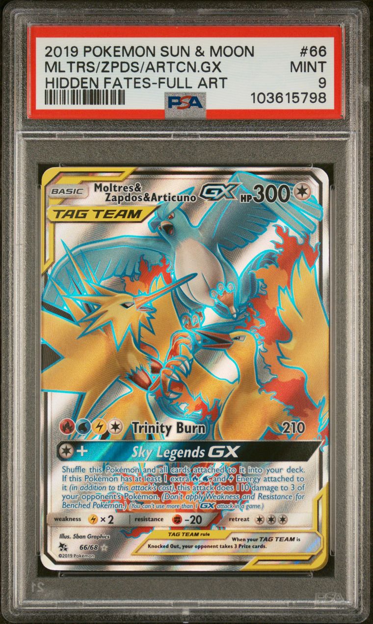 2019 Pokemon Sun & Moon Hidden Fates 66 Full Art/moltres & Zapdos & Articuno Gx — PSA 9, cert 103615798